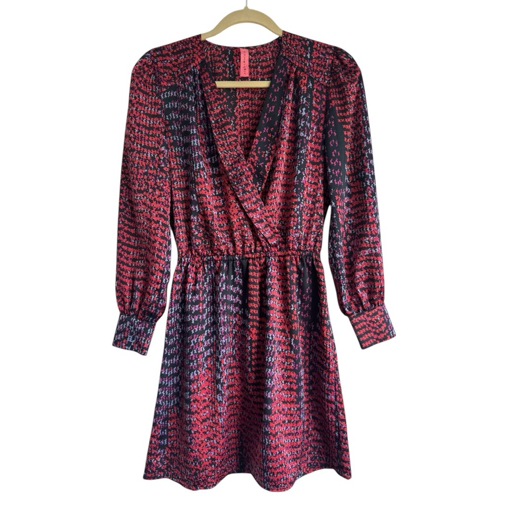 Eight Sixty Long Sleeve Mini Dress Work Cocktail Red Black Abstract Print Small